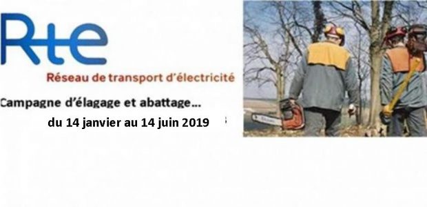 Rte vous informe de la campagne d’élagage et d’abattage du 14 janvier au 14 juin 2019 L’entreprise PORTAL SARL, pour le compte de Réseau de Transport d’Electricité RTE exécutera sur le territoire communal des travaux d’élagage et d’abattage nécessaires au bon fonctionnement des lignes électriques.
>>>Lire l’affiche informative
Partagez