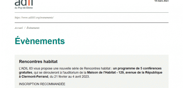 Rencontres habitat 2023 => programme proposé par l’Adil 63 => programme de 5 conférences gratuites >>> se connecter à la plateforme Evènements – Adil
Partagez