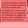 NOUVEAU dès JEUDI 15 NOVEMBRE Un distributeur de pain mis à disposition par la boulangerie Jérôme DESTERNES, boulanger-pâtissier à Veyre-Monton vient d’être installé près de l’abri bus de la cour […]