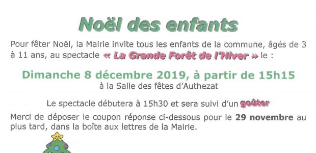 Pour fêter Noël, la Mairie invite tous les enfants de la commune, âgés de 3 à 11 ans, au spectacle « La Grande Forêt de l’Hiver », à la salle des fêtes […]