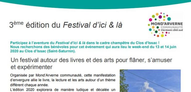 Mond’Arverne communauté => « Appel à bénévoles » => Festival d’Ici & Là 2020 Mond’Arverne communauté => Bouger, se divertir => culture => les rendez-vous en territoire   Partagez