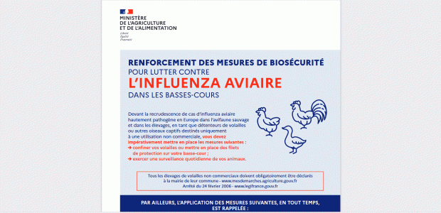 Les volailles placées en confinement
Le préfet du Puy-de-Dôme vient de prendre de nouvelles mesures, face au risque d’influenza aviaire => Consultez la réglementation en vigueur à partir du site de la Préfecture du Puy-de-Dôme

 Attention, les élevages de volailles doivent être déclarés en mairie

A consulter => le renforcement des mesures de biosécurité pour lutter contre l’influenza [...]