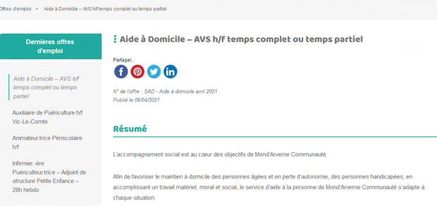 Mond’Arverne communauté propose deux postes d’aide à domicile https://www.mond-arverne.fr/offres-emploi/aide-a-domicile-avs-hf-temps-complet-ou-temps-partiel/
Partagez